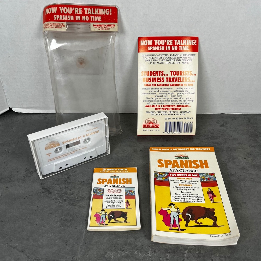 Barron's Spanish At A Glance Cassette Phrasebook Dictionary‎ Vintage 1985 Set